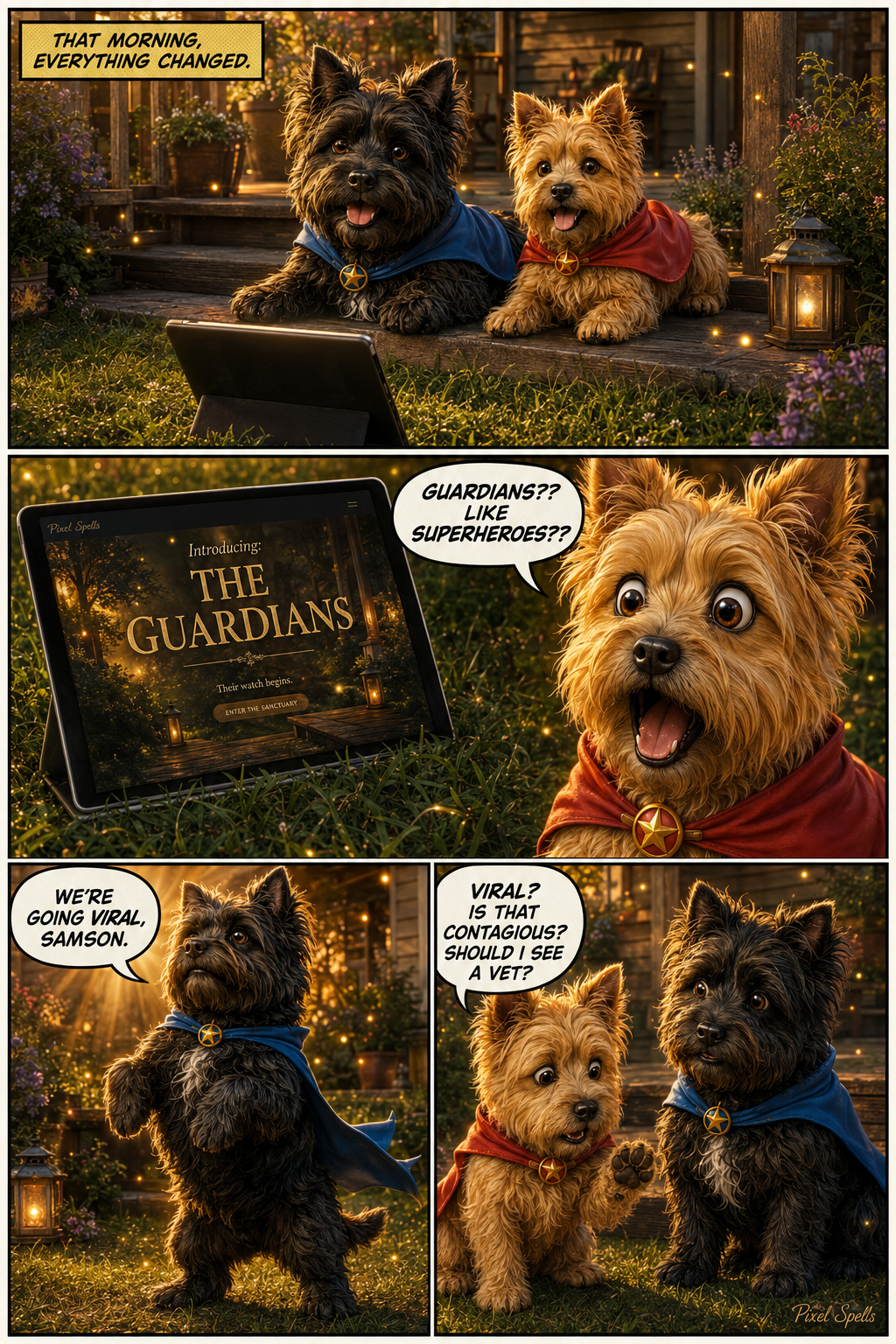 The first comic page of The Big News, featuring Rascal and Samson