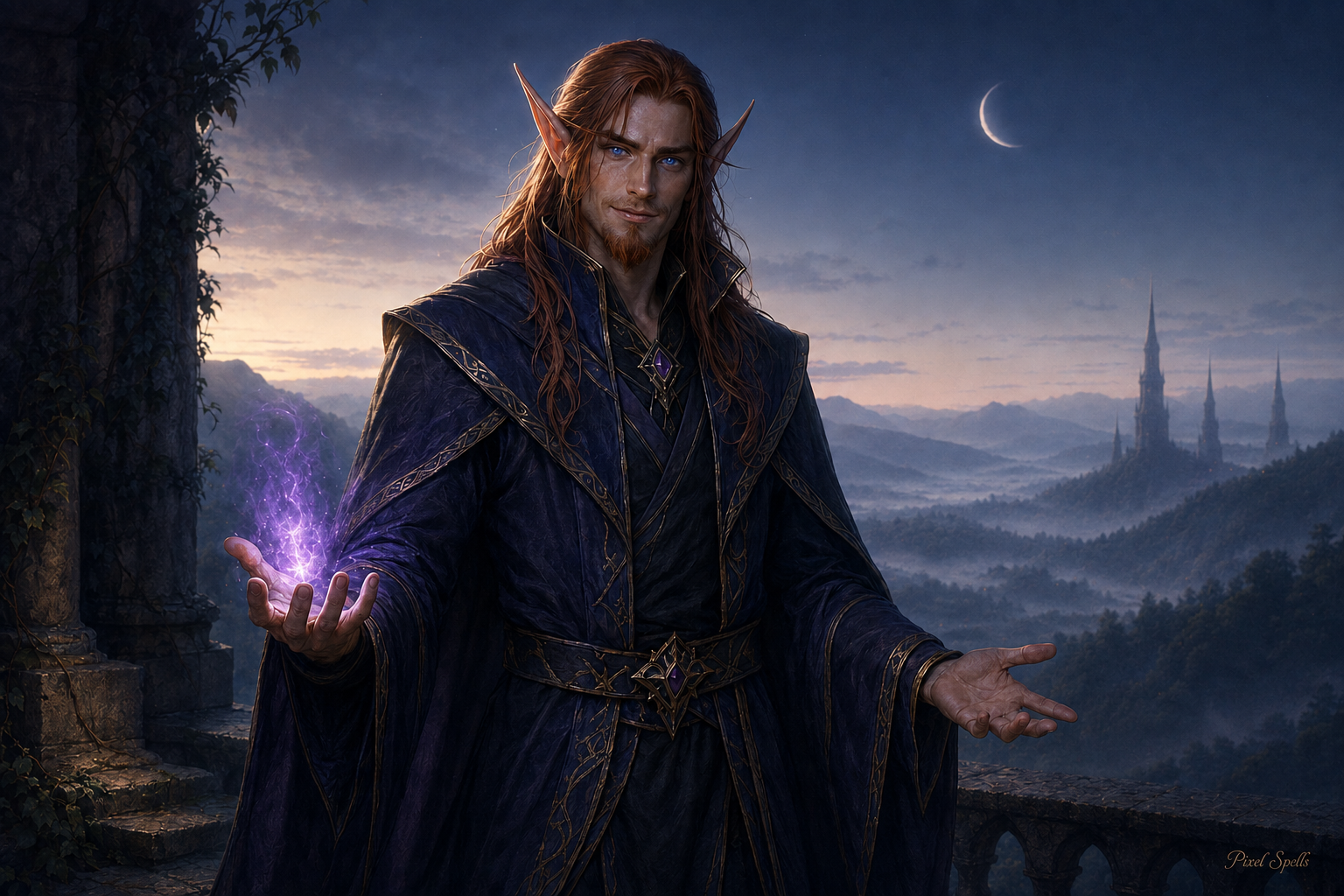 A cinematic male blood elf holding a quiet amethyst light at dusk